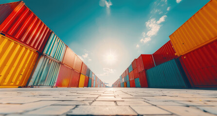 Sticker - A large group of colorful shipping containers are stacked on top of each other in an empty cargo yard with the sun shining through them