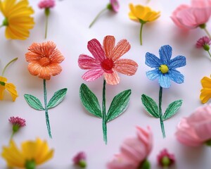 Sticker - Colorful flowers drawn on paper. AI.