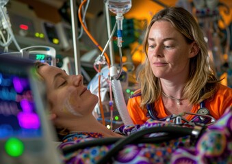 Wall Mural - A healthcare worker looks down at a patient in a hospital bed. AI.