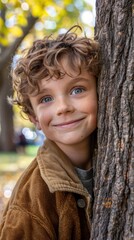 Wall Mural - A boy smiles while looking at the camera from behind a tree. AI.