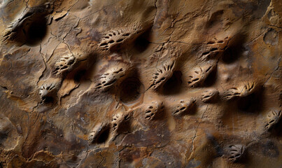 Canvas Print - Close-up of fossilized tracks in rock. AI.