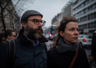 Poster - A couple walks down the street, bundled up for the cold weather. AI.