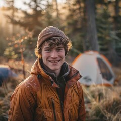 Poster - A man smiles warmly in a wintery forest setting. AI.