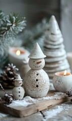 Poster - Wintery scene with ceramic snowmen and candles. AI.