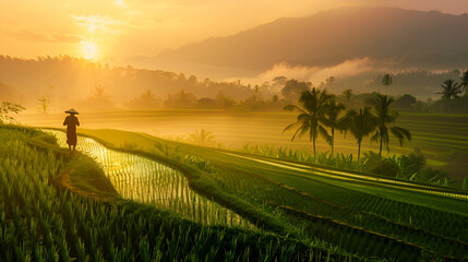 Wall Mural - person walking in the green field