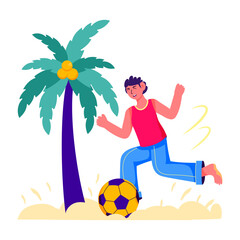 Sticker - Boy playing football at beach, flat illustration 