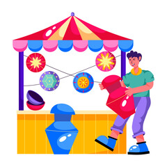 Sticker - Boy standing in front of carnival booth, flat illustration 