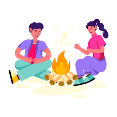 Poster - Couple enjoying camp bonfire, flat illustration 