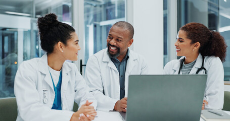 Poster - Happy, results or doctors with laptop, meeting or surgeon reading health treatment in hospital. Planning research, teamwork or online medical advice with clinic app for web consultation or diagnosis
