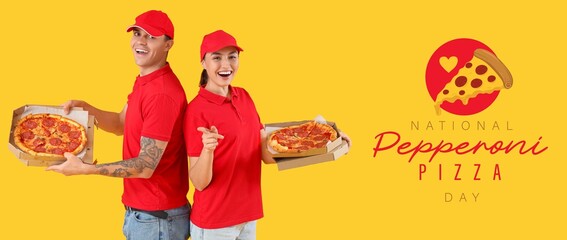 Poster - Banner for National Pepperoni Pizza Day with happy couriers