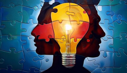 Poster - Abstract human head silhouette and hand holding bulb lamp surrounded. symbolizes creative idea