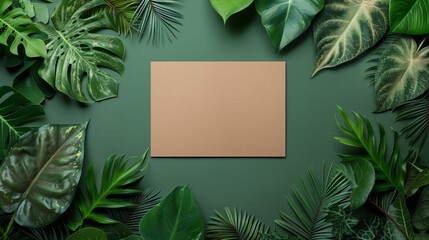 Wall Mural - Frame of indoor plant leaves, clay board for copy in middle, flat color background