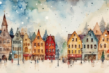 Canvas Print - Charming watercolor winter village scene