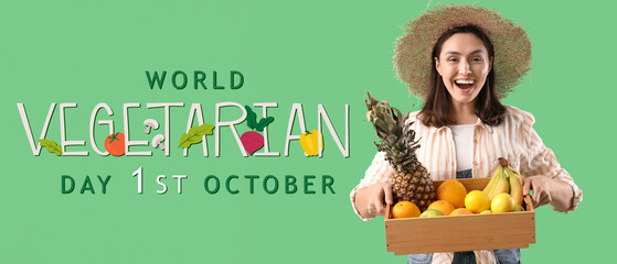 Poster - Female farmer with box of fruits on green background