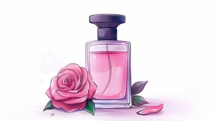 Poster - A chic perfume bottle next to a delicate rose, capturing elegance and beauty in a timeless fashion illustration on white.