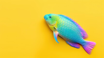 Wall Mural - Vibrant rainbow parrotfish on a bright yellow backdrop, showcasing the stunning hues of marine life under the sea.