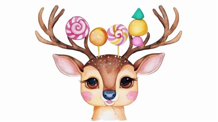 Canvas Print - A sweet deer face adorned with colorful Christmas treats, set against a bright white backdrop in charming watercolor style.