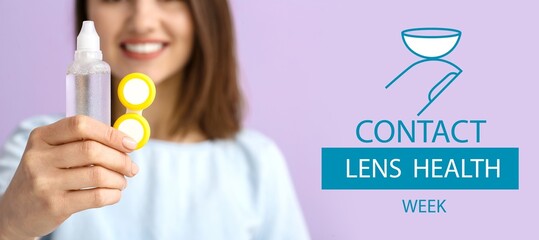 Sticker - Banner for Contact Lens Health Week with woman holding contact lenses and bottle of solution