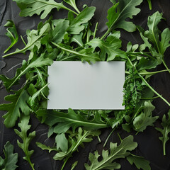 Wall Mural - Frame of arugula leaves, white metallic board for copy in middle dark background