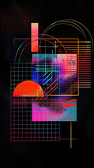 Wall Mural - Abstract 3D holographic element with a grid pattern and geometric shapes on a black background