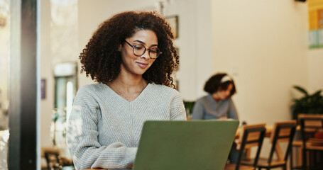 Poster - Remote work, pc and woman in cafe, smile and research with internet, connection and online reading. Person, copywriting and freelancer in restaurant, computer and espresso with project and web design