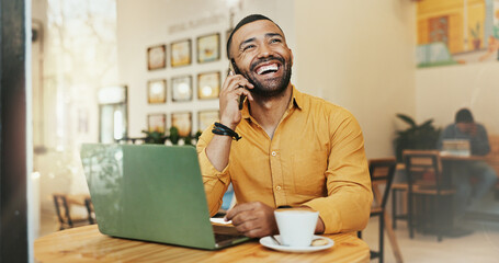 Aufkleber - Man, cafe and happy on phone call with laptop for remote work as business consultant for communication. Entrepreneur, freelancer and laugh or smile with conversation or networking with goods news