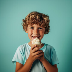 Wall Mural - Adorable boy wearing t-shirt eating ice cream cup