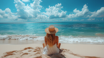 Wall Mural - Young woman in hat sitting on the sandy beach and looking at the sea