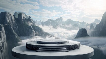 Wall Mural - 3D rendering of a stone podium on a rocky base with mountains and cloudy sky in the background.