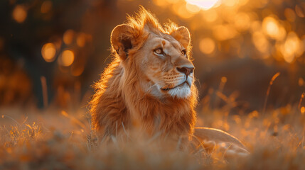 Lion lying on the grass in the golden light of sunset.