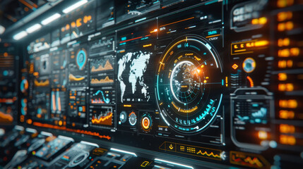 futuristic dashboard interface with glowing graphs, world map, and digital readouts for advanced tec