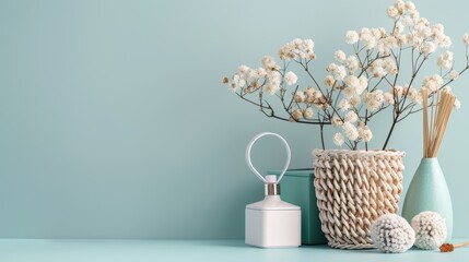 Sticker - White Flowers in a Wicker Basket and Green Vase