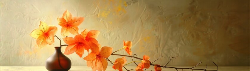 Wall Mural - Serene Autumn Floral Arrangement in Curved Brown Vase on Textured Background