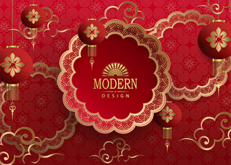 Wall Mural - Gorgeous red background with a round frame and floral ornament.