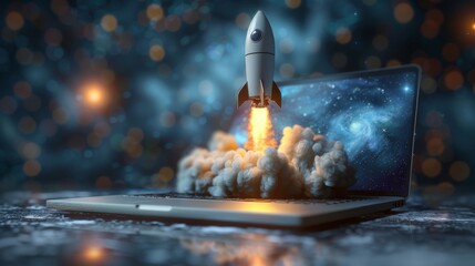 Startup concept. A space rocket takes off from a laptop.