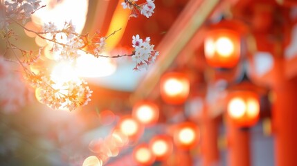 Wall Mural - Vibrant Cherry Blossoms in Full Bloom with Soft Sunlight in a Festive Setting