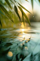 Canvas Print - Close-up Shot of Dew Drops on Bamboo Leaves Reflecting Sunrise Light over Water Surface