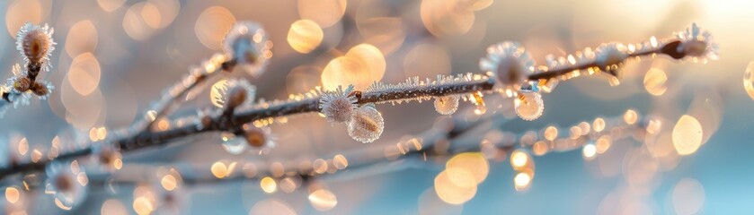 Canvas Print - Close-up of Frosty Branches with Glowing Bokeh Lights in a Serene Winter Morning