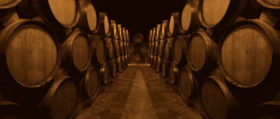 Wine or cognac barrels in the cellar of the winery, Wooden wine barrels in perspective. wine vaults. vintage oak barrels of craft beer or brandy