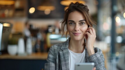 A woman negotiates a business deal on her smartphone in a coffee shop.