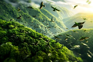 Sticker - Birds Flying Over Lush Green Forest.