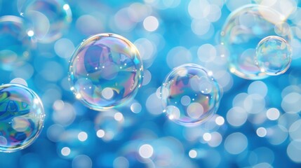 Wall Mural - Close-up of iridescent soap bubbles against a blue bokeh background