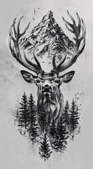 Wall Mural - Detailed pencil drawing of a deer head with antlers emerging from a dense forest of conifer trees with a mountainous backdrop, featuring intricate wildlife and nature elements in a black and white tat