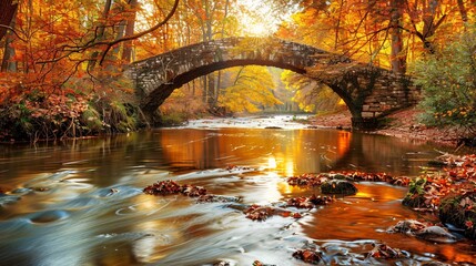 Wall Mural - A charming old bridge covered in autumn leaves, arching over a gently flowing river, trees in vibrant fall colors lining the banks, golden light from the setting sun reflecting off the water, a