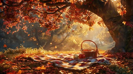 Wall Mural - fall picnic scene, cozy blanket spread out under a large oak tree with a backdrop of fiery red and orange leaves, picnic basket with fresh apples and a pumpkin pie, soft golden light