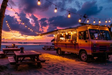 Experience the charm of a beach sunset alongside a festive food truck decorated with twinkling light bulbs.