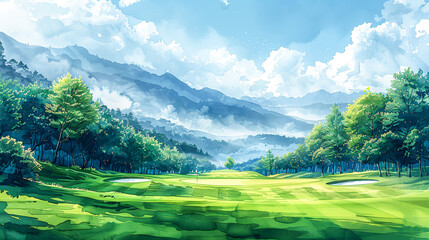 Tranquil Footgolf Fun: Scenic Watercolor Landscape for Leisure Game