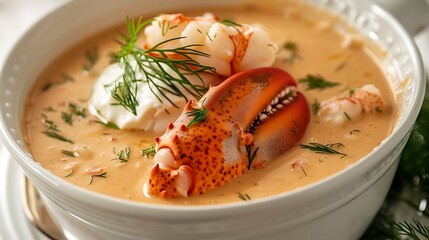 Delicious lobster bisque served in an elegant white soup bowl with crème fraîche, a sprig of dill, and a piece of lobster claw reflecting fine dining gourmet cuisine