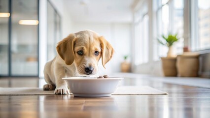 Adorable puppy enjoying a meal from a white bowl in a stylish modern home interior, adorable, puppy, dog, eating, meal, white bowl