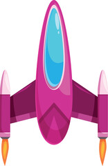 Poster - Cartoon spaceship flying with burning engines, space exploration program, futuristic spacecraft isolated on white background